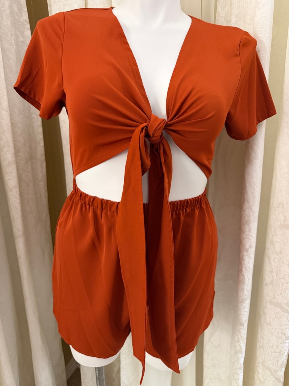 SHEIN Rust Tie-Front Cutout Romper